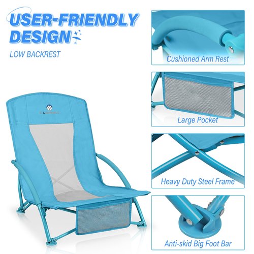 Low Beach Chairs 2 Pack,Folding Compact Low Seat Chairs for Adults w/Mesh Back& Storage Bag,Heavy Duty Chair for Outdoor Sand,Travel,Camping,Picnic,Blue