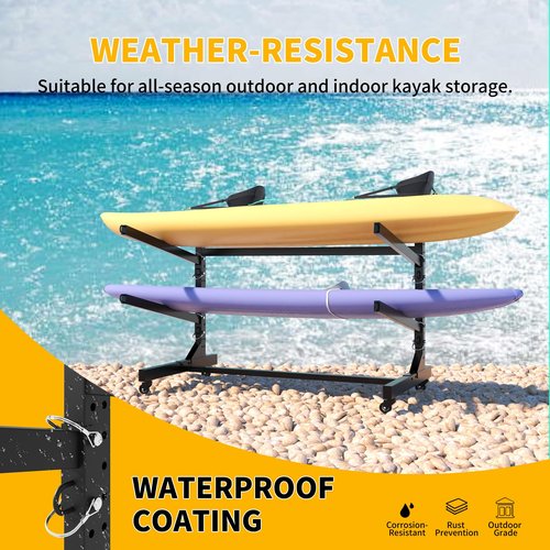 Reegangfa Freestanding Kayak Storage Rack, 2-Capacity Heavy Duty Metal Kayak Stand for Outdoor and Indoor, Adjustable Kayak Holder with Wheels, Canoe Rack for SUP, Sled, Paddle Board, Surfboard,Garage