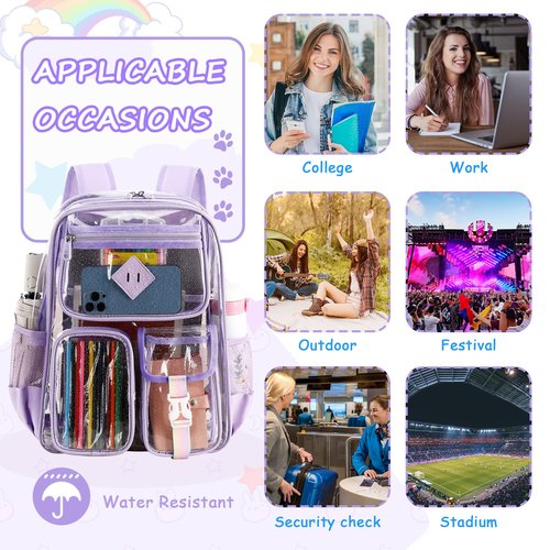 PIG PIG GIRL Clear Backpack for School,Heavy Duty PVC Transparent Bookbag for Girls Stadium Approved See Through Backpack for Women for College Work Travel Festival,Purple