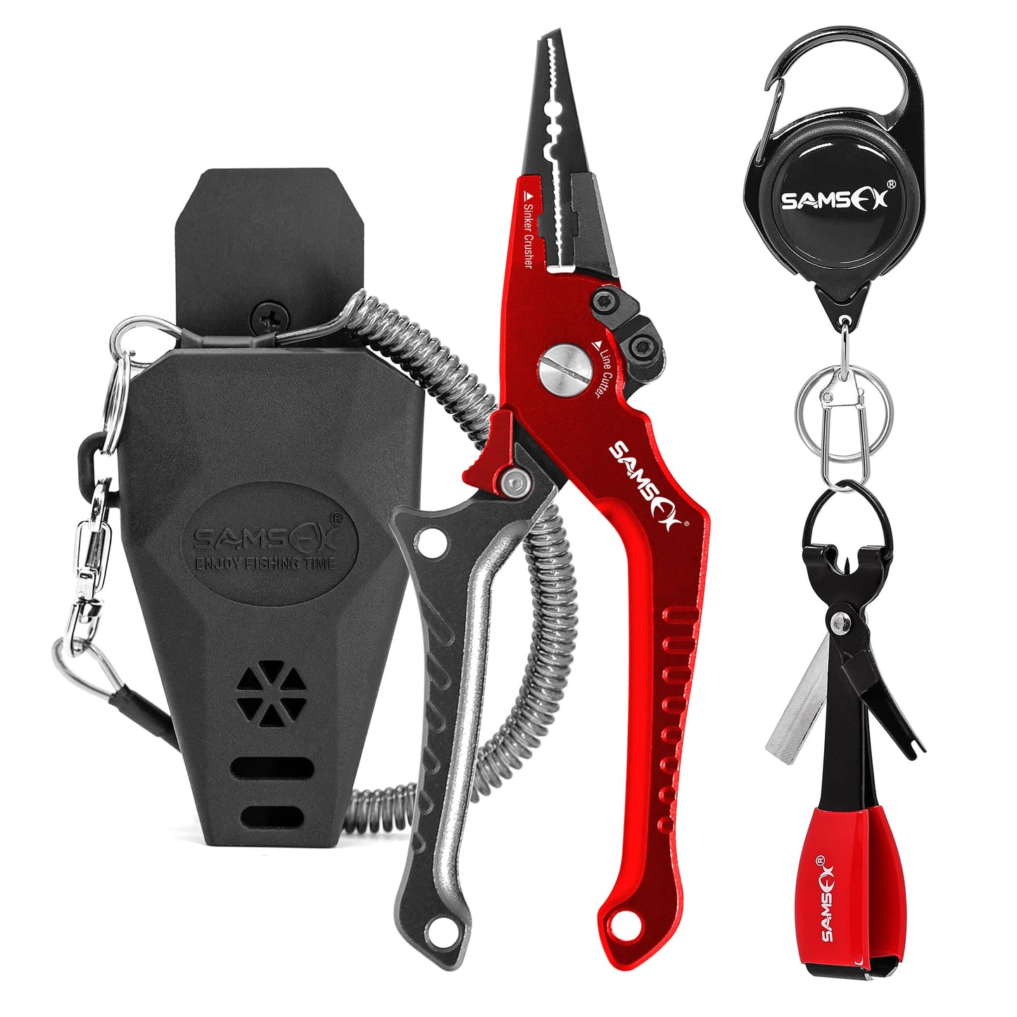 SAMSFX Aluminum Fishing Pliers Hook Remover Braid Line Cutter with Coiled Lanyard, Fly Fishing Knot Tying Tool & Retractors (Gray & Red Handle, Split Ring Nose)