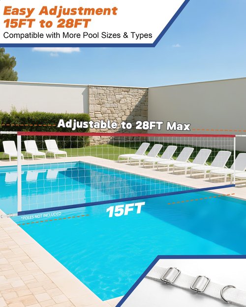 XXXYYY Upgraded Swimming Pool Volleyball Net Replacement, Lengthened 15FT-28FT Adjustable, Upgraded Weather Resistance with Waterproof, Thicker Borders and Nylon Straps-15x3FT, Red Blue(Net Only)