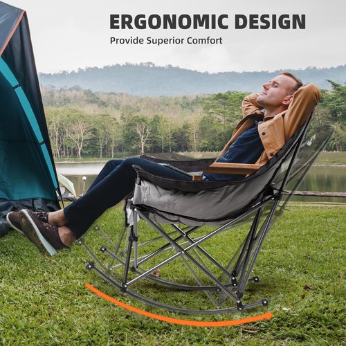 Foristrail Oversized Rocking Camping Chair for Adults - 400lbs Capacity Padded Camp Chair with Cup Holder, Portable Foldable Outdoor Rocker Chair for Camping, Backyard, Patio (Black & Gray)