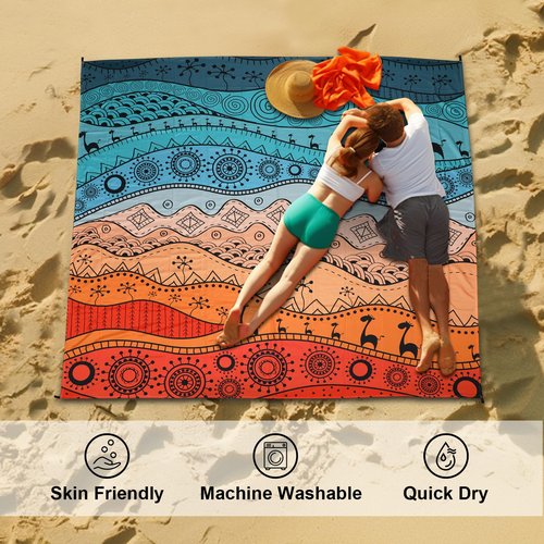 SKYREH Beach Blanket Waterproof Sandproof, 79" x 83" Extra Large Sand Free Quick Drying Beach Mat, Compact Outdoor Picnic Mat for Travel, Hiking, Camping (Bohemian)