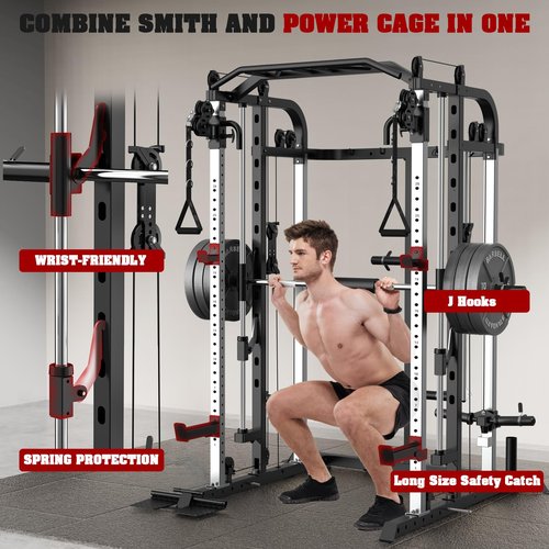 Royal Fitness Smith Machine, Multifunctional Power Cage Rack with Smith Bar and Cable Pulley System, and LAT Pull Down Machine for Home Gym…