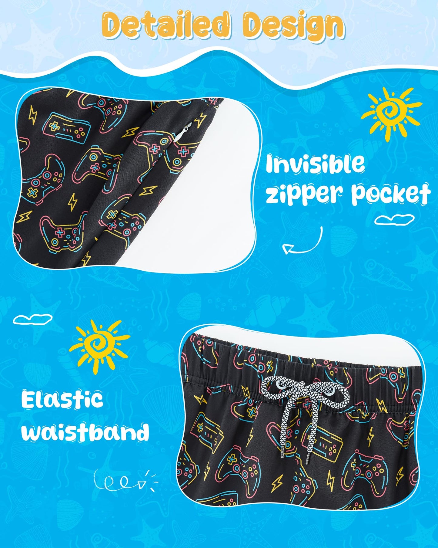 APTRO 2 in 1 Boy's Swim Trunks Quick Dry Kids Bathing Suits Zipper Pockets Board Shorts G07-Game 5-6