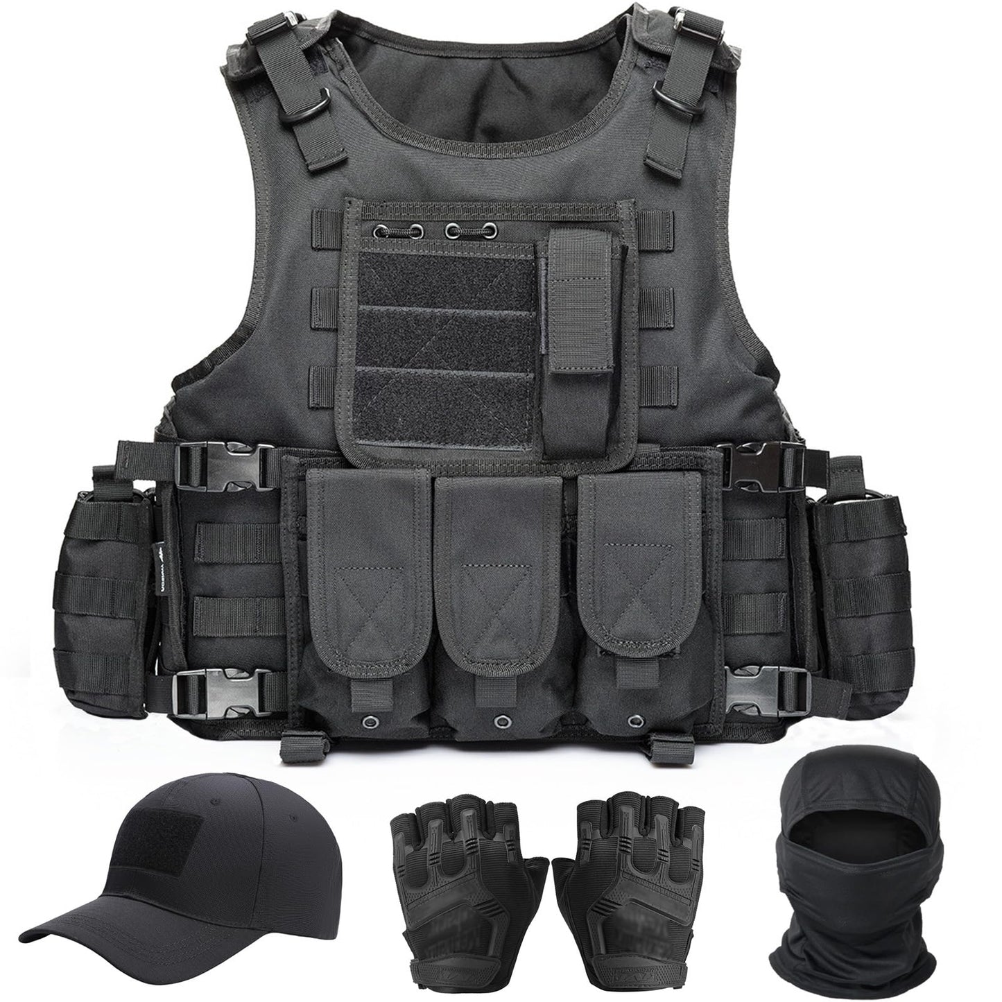 VPZenar Tactical Airsoft Vest, Black Lightweight Sports Training Plate Vest with Detachable Pouches and Cap,Gloves,Balaclava for Men, Tactical Airsoft Gear