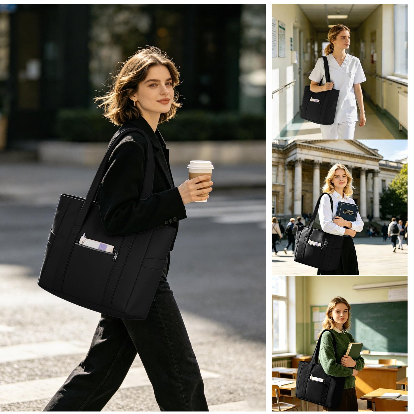 CTWWFS Large Tote Bag for Women with Zipper, Nylon Lightweight Work Tote with 15.6" Laptop Sleeve, Nurse Bag for Work College (Black)