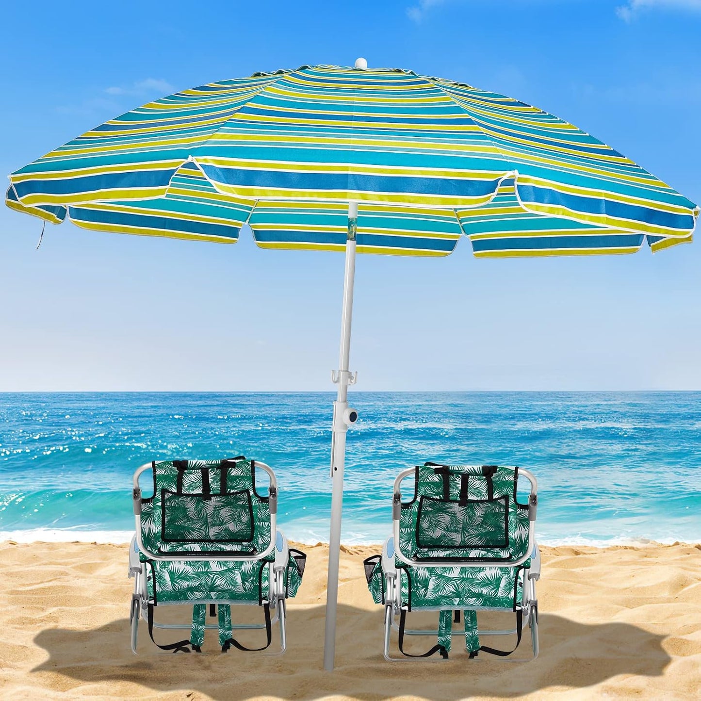 2 Pack Lightweight Portable Camping Beach Chair for Adults, Outdoor Lay Flat Folding Beach Chairs with 5 Positions, Backpack Beach Chair with Towel Bar, Zipper Pouch, Cup Holder, Ocean Striped