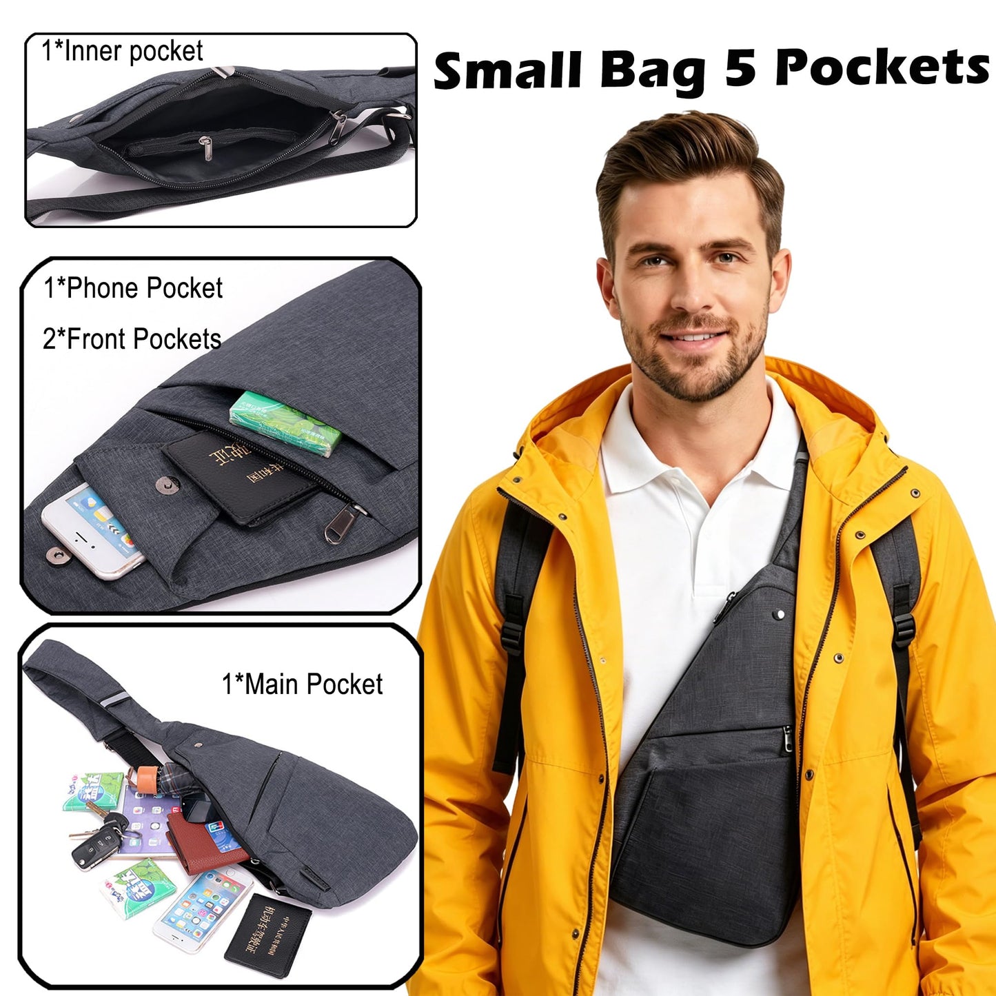 TOLOG Flat Anti-Theft Sling Bag for Women and Men Small Slim Crossbody Bag Hidden Pocket Pack for Travel Hiking Casual Daily