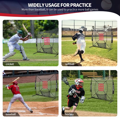 BAGAIL 7x7 ft Baseball & Softball Practice Net with Bow Frame for Batting, Hitting, Pitching, Portable Baseball Throwing Net with 2 Strike Zone Batting Tee, Carry Bag, Great for All Levels