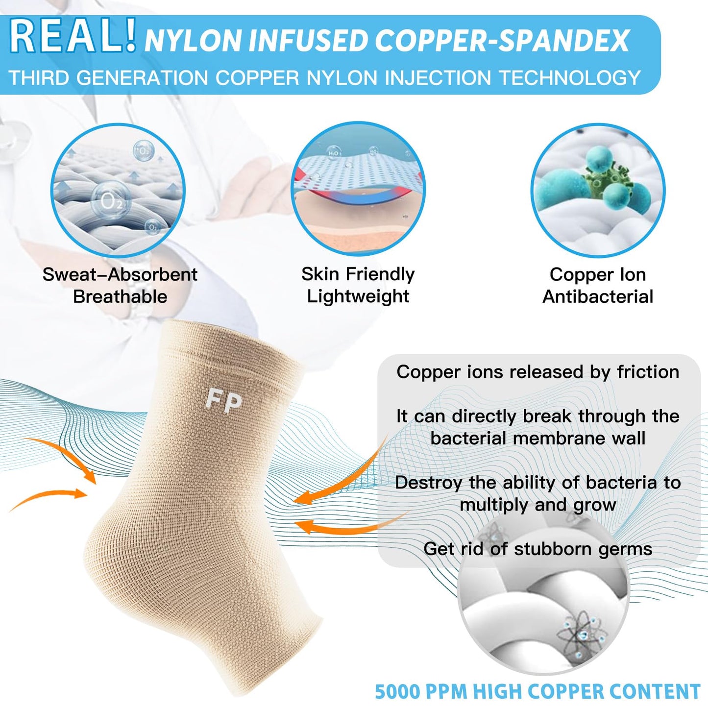 FvaPemm Copper Ankle Brace for Women Men 2 Pack Ankle Compression Sleeve Support for Sprained Ankle, Plantar Fasciitis Relief & Achilles Tendonitis Brace, Sports, Running, Nude, S