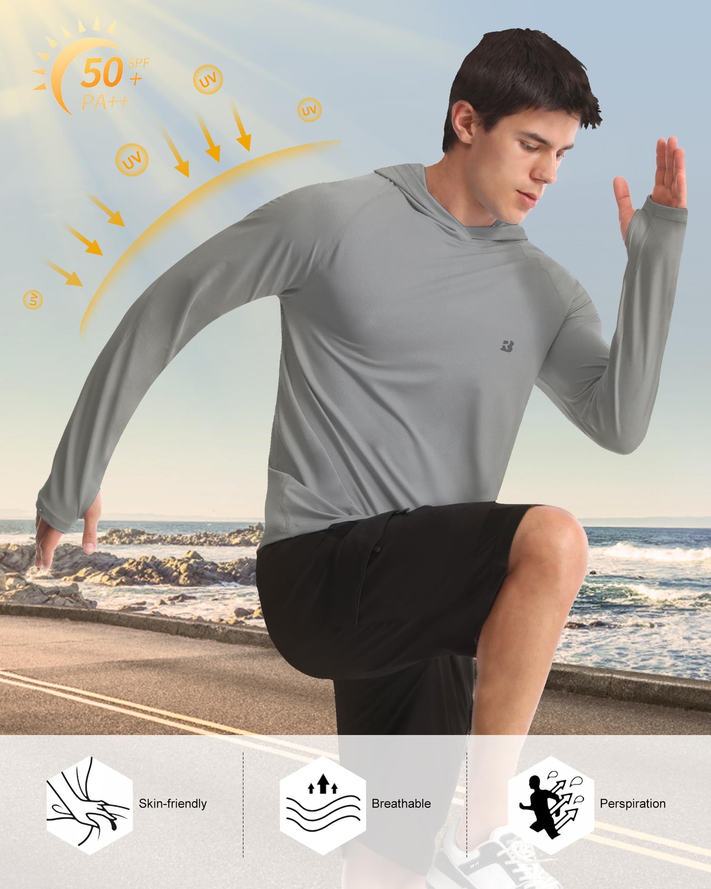 Roadbox Mens Sun Protection Shirts, UPF 50+ Long Sleeve Fishing Shirt with Hood, Lightweight UV SPF Hiking Running Workout Athletic Rash Guard Quick Dry
