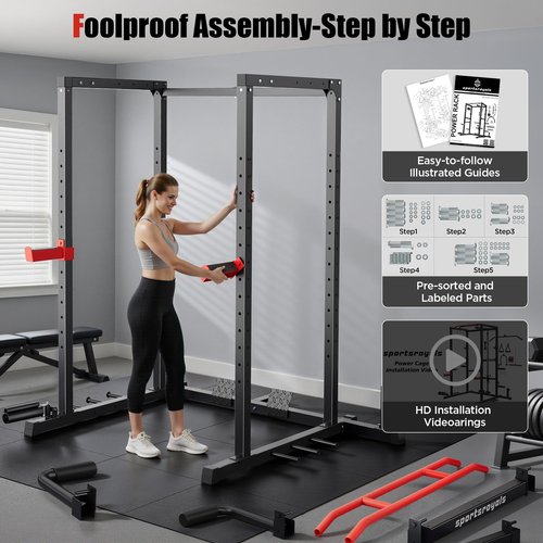 Sportsroyals Power Rack, Multi-Functional Power Cage with LAT Pulldown Pulley System, Squat Rack with More Training Attachments for Home Gym (RED)，1200 lbs Weight Capacity