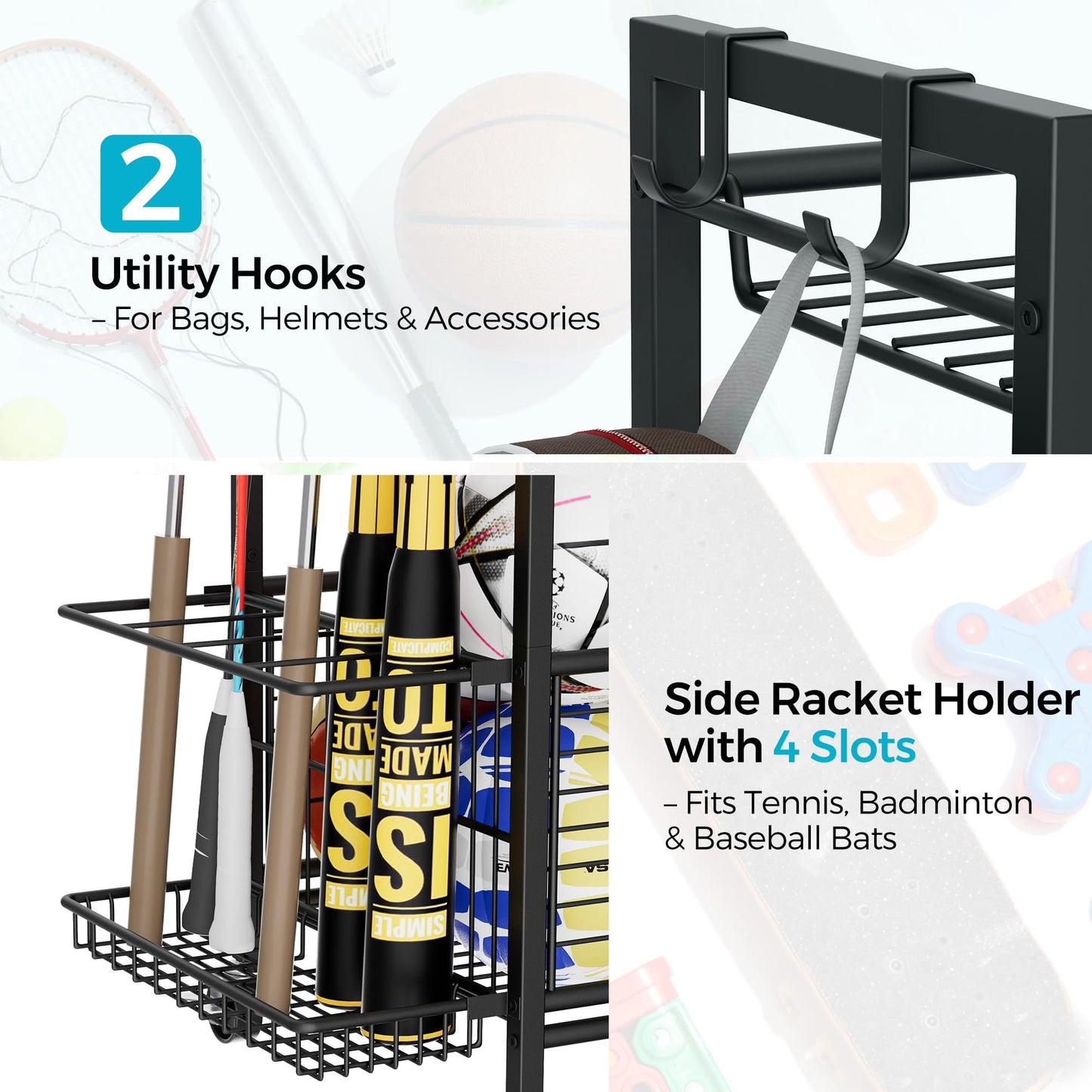 Cerlyunzan Sports Equipment & Toy Storage Rack with Wheels, 3-Tier Ball Organizer for Balls, Rackets & Sports Gear, Large Capacity with Racket Slots & Hooks, for Garage, Home Gym or Backyard – 23" W
