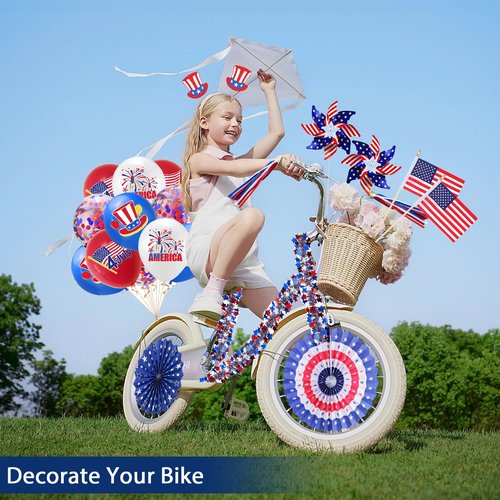 4th of July Bike Decorations Patriotic Bike Decor Set I LOVE USA Sign Banner, Hanging Paper Fans, Tinsel Garland, Streamers, Flags, Balloon for Independence Day Kids Bike Parade Party Favor