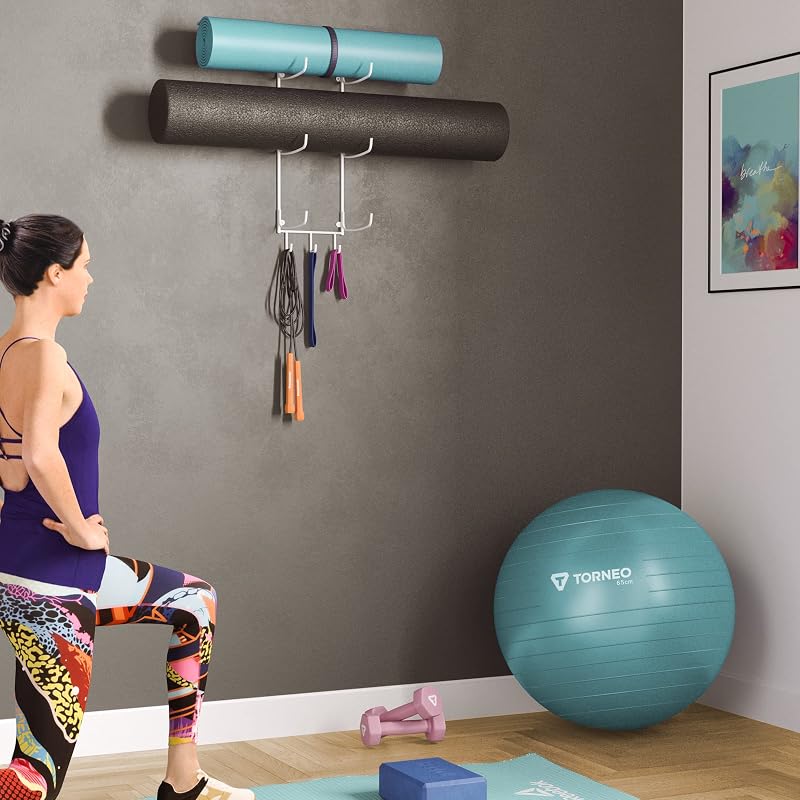 Guru Yoga Mat Wall Mount Rack with 3 Hooks - White 19" H, 5-Sectional