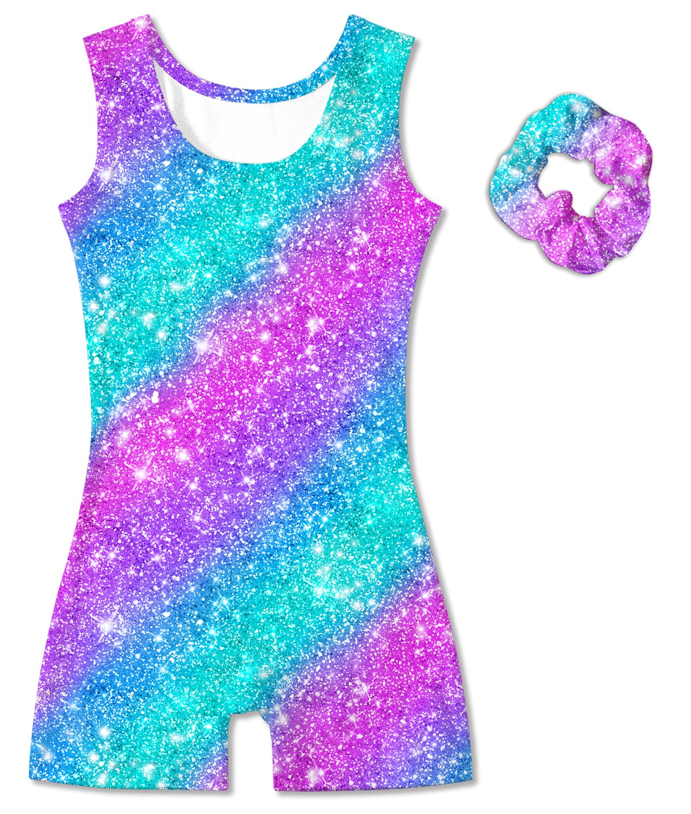Vogseek Sparkly Gymnastics Leotards for Girls 5 6 Years Cute Blue Purple Stripe Shiny Ballet Dance Unitards Biketards with Hair Scrunchie Kids Tumbling Shorts Activewear Clothes, Rose Red
