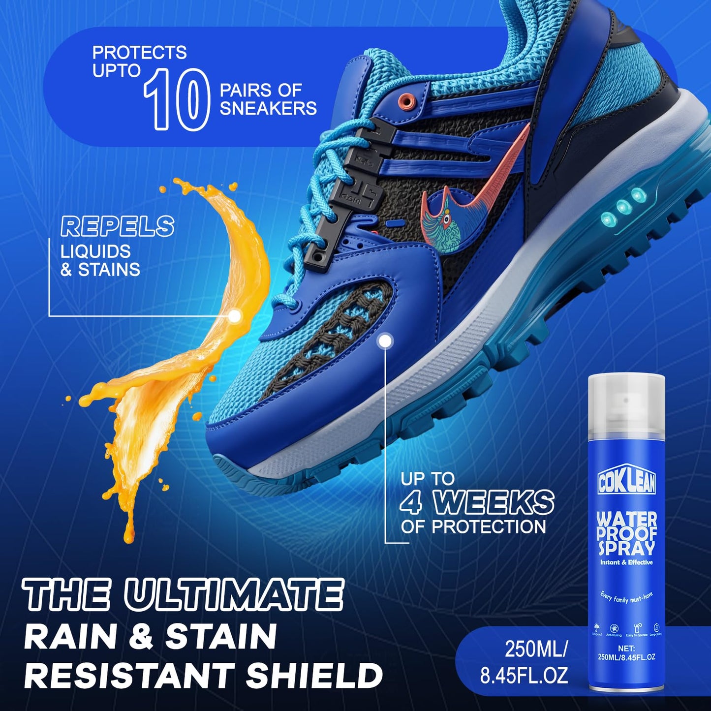 Coklean Shoe Protector Spray, Rain & Stain Waterproof Spray 8.45 OZ Nano Protectant for Sneaker, Nubuck, Canvas, Suede Shoes 1 Pack