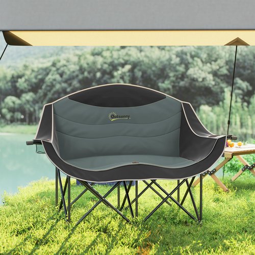 Outsunny Double Camping Chair for Adults, Padded Folding Camp Chair for 2 Person with Armrest, Wine Glass Holder, Cup Holder, Carry Bag for Outdoor Sports, Picnics, Supports up to 551 lbs., Black