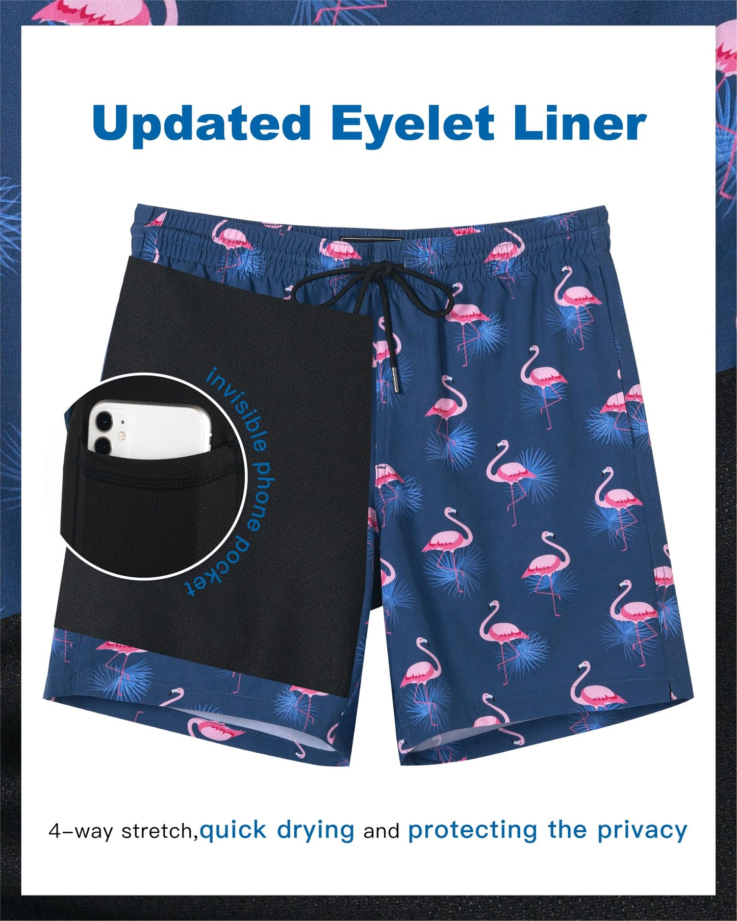 SURF CUZ Mens Swim Trunks with Compression Liner Quick Dry Swim Shorts 7" Swimming Trunks Stretch Zipper Pockets,Sunny Flamingos,M