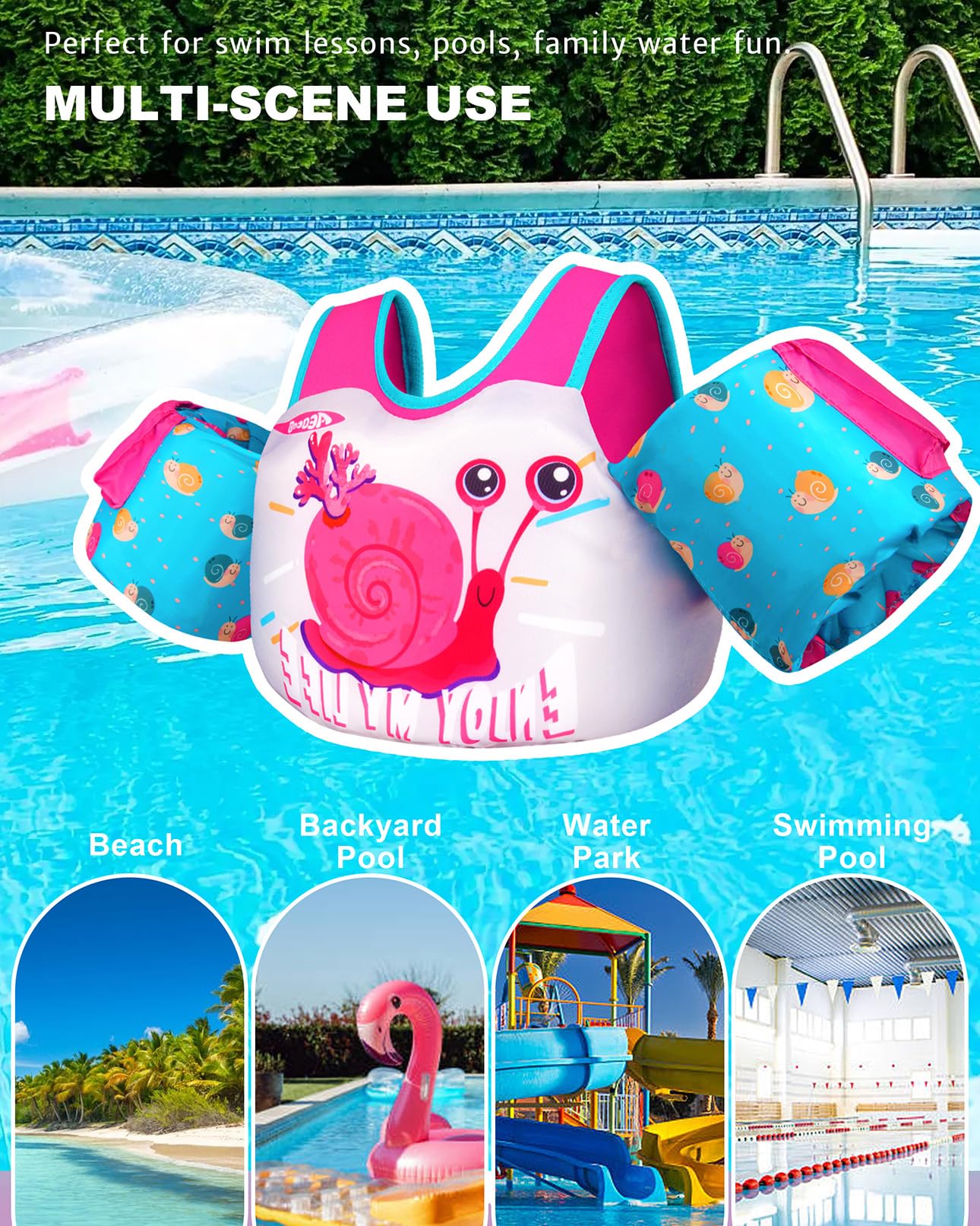 AEOCOO Puddle Float Jumper 30-50-60-66 Pounds, Toddler Swim Vest for 2-3-5-7 Years Old, Pool Floats with Swimming Arm Floaties Swim Jacket for Kids Swimmies, Boys, Girls, Niños, Snail