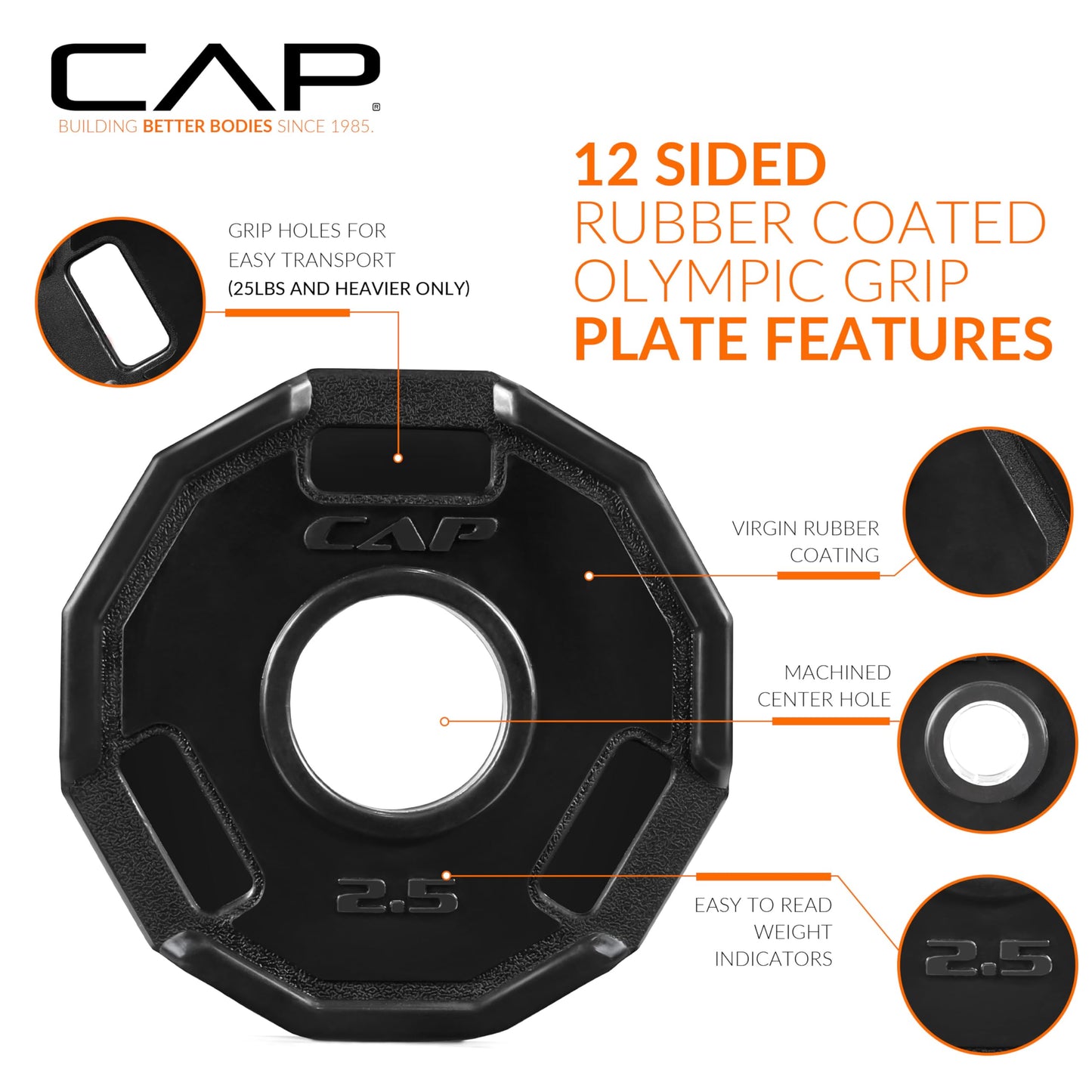 CAP Barbell 5 Lb 12-Sided Rubber Coated Olympic Weightlifting Grip Plate – SET (5 lb x 4)