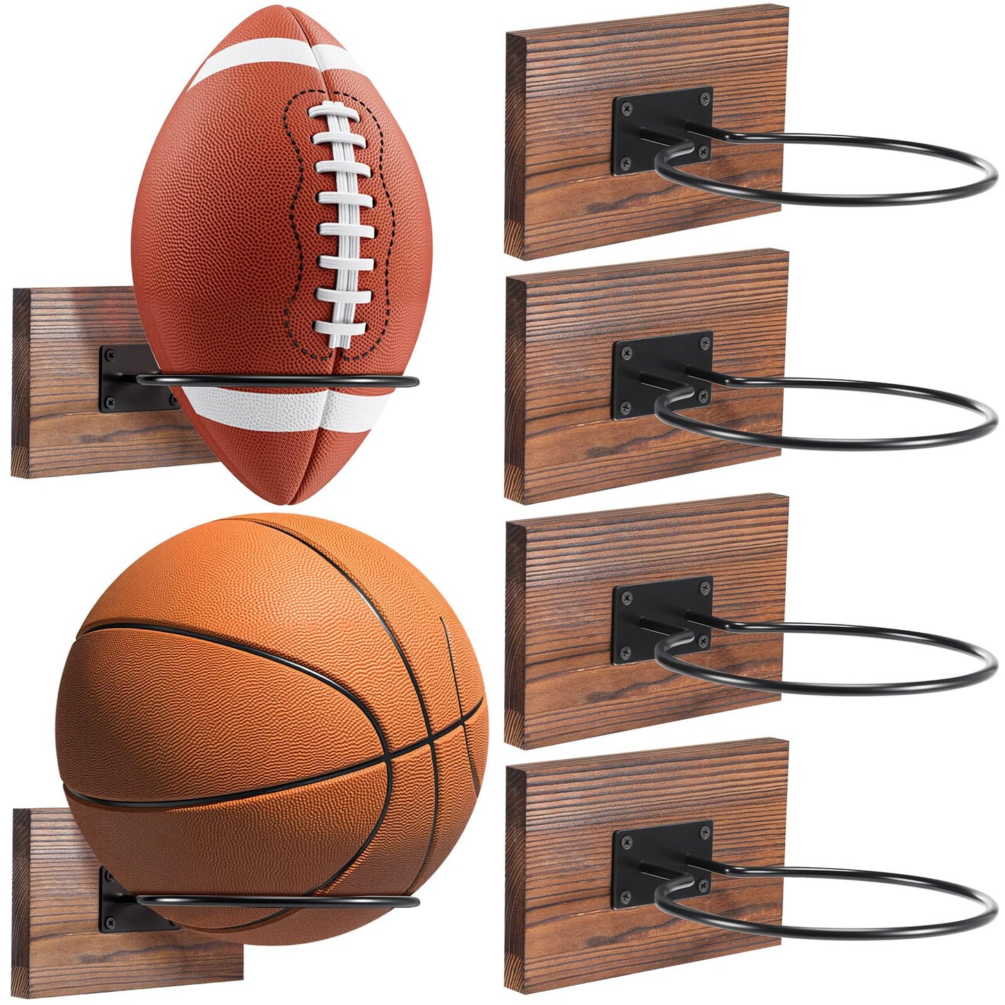 Threan 6 Pcs Ball Holder Wall Mount Ball Stand Display Storage with Wooden Base for Basketball Football Soccer Volleyball, Sports Accessories Organizer for Player Fans