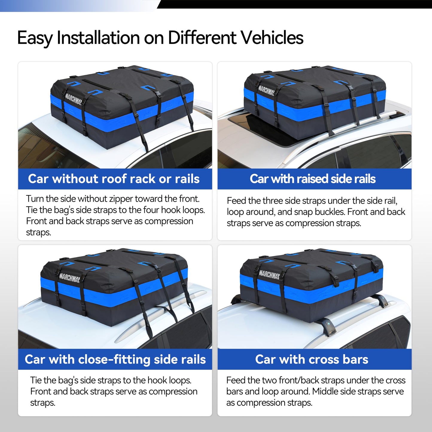 MARCHWAY Waterproof Car Roof Luggage Bag, Weatherproof Soft Shell Rooftop Cargo Carrier Bag for Vehicles with or Without Rack. 6 Door Hooks, Anti Slip Mat, Lock Included (21 Cubic Feet, Blue)