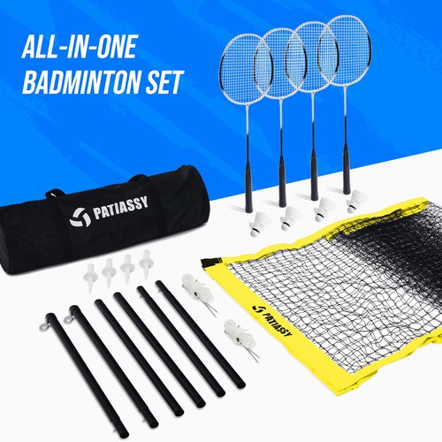 Patiassy Badminton Set for Backyard, Professional Badminton Net with 4 Badminton Rackets, Badminton Shuttlecocks and Carrying Bag (Yellow)