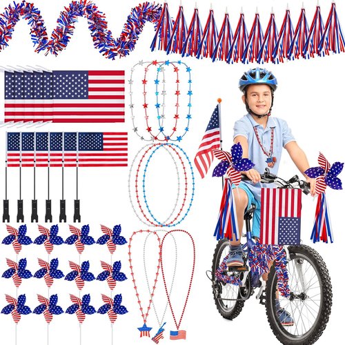 Liliful 60 Pcs 4th of July Bike Decoration Kits Parade Patriotic Decor Bike Streamers Bicycle Ribbon Tassels American Flag with Pole Blue Pinwheels Decoration for Bicycle Parade Party Favors