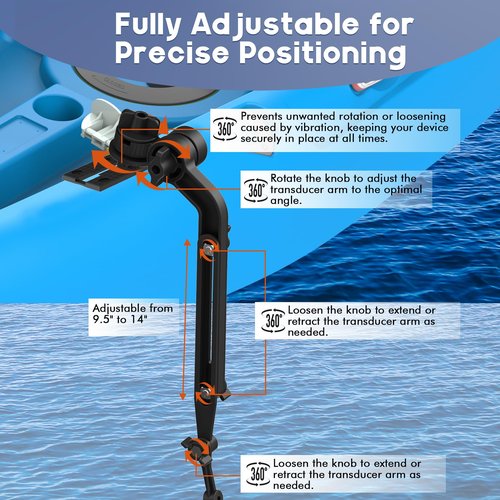 Universal Kayak Transducer Mount Arm Adjustable 9–14”, Tool-Free Installation Saltwater-Resistant, Compatible with Garmin Lowrance Humminbird Fish Finder