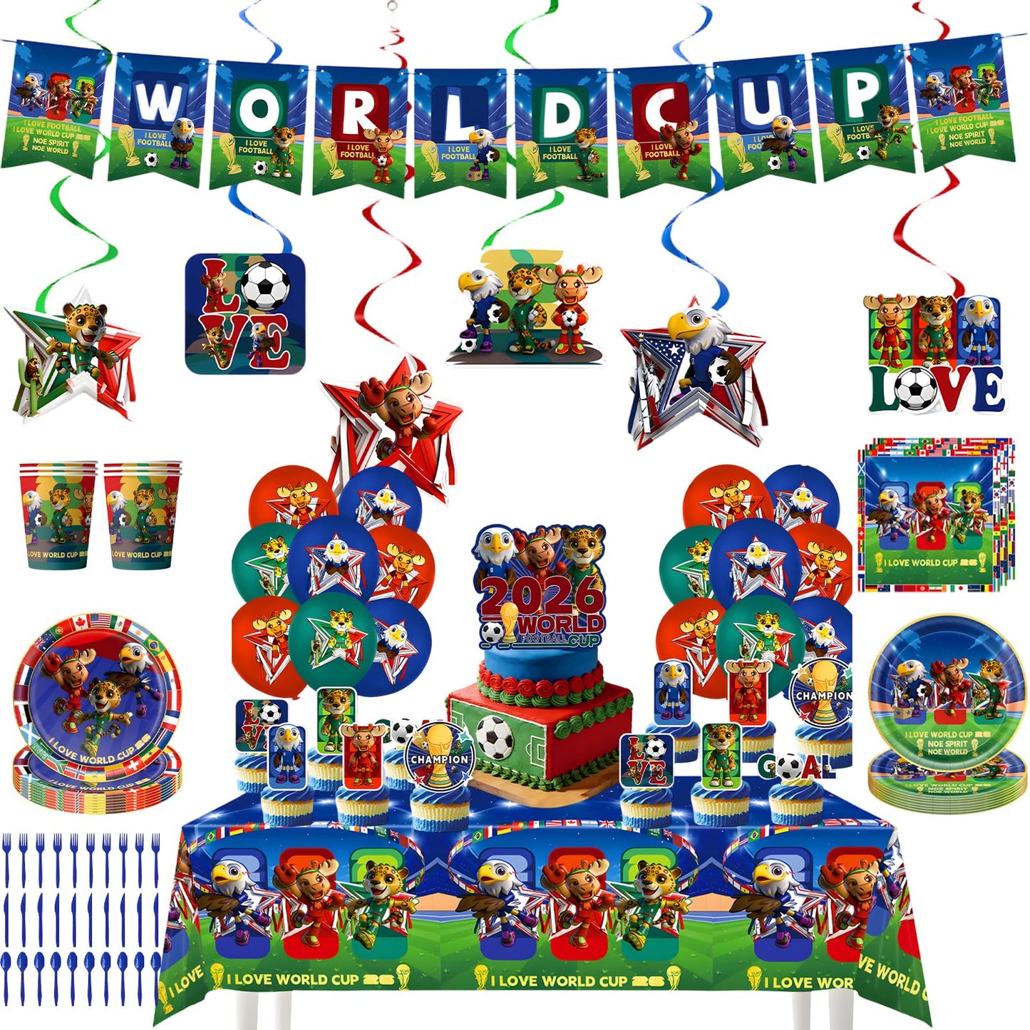 MIRJXB World Cup 2026 Merchandise, Party Supplies Set for World Cup 2026 Celebrations, Includes Banner, Balloons, Cake Toppers, Tableware with Plates, Cups, Napkins and Tablecloth