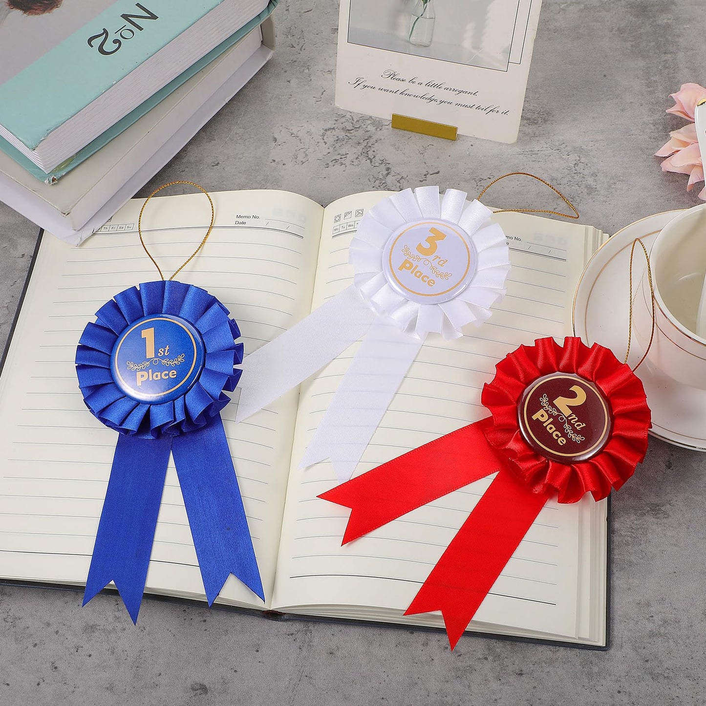 3 Pcs Award Ribbons Rosette, 1st 2nd 3rd Place First Place Ribbon Recognition Rosette, Blue Red White Prize Badge Participation Ribbon for Medals Competition Science Fair Sports Events Talent Shows