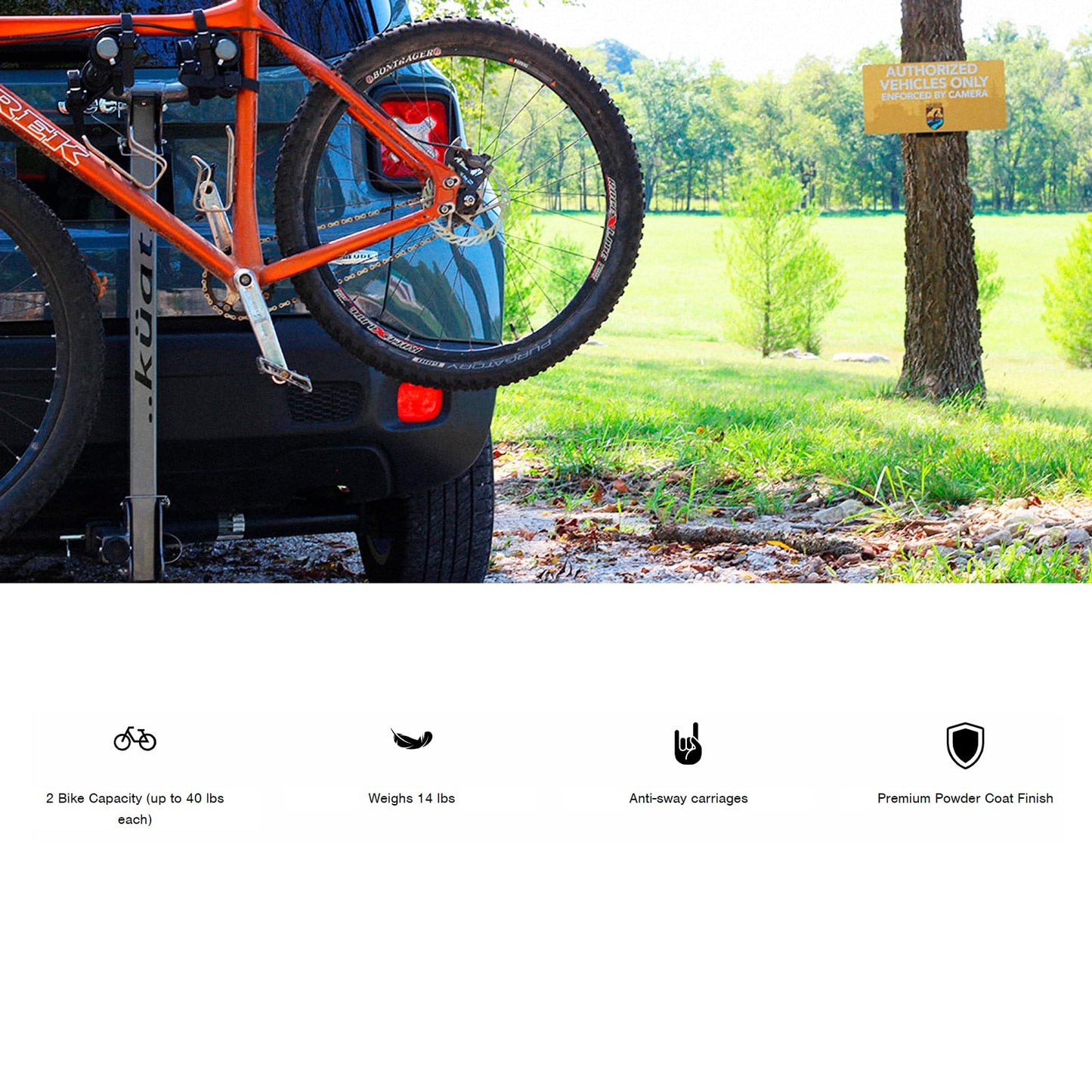 KUAT Beta Hitch-Mounted Bike Rack | Hanging-Style Durable Lightweight Aluminum Powder Coated Folding Tilting-Down Gray Bicycle Car Truck Transportation Hauling Rack | 2 Bike Capacity