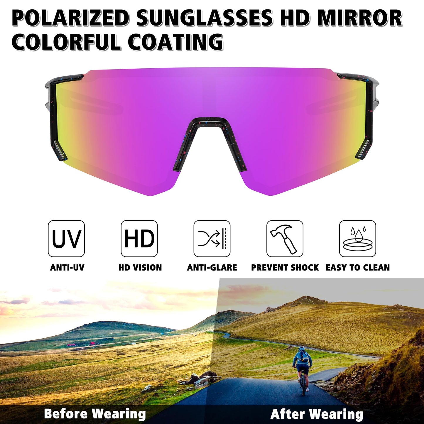 STORYCOAST Polarized Sports Sunglasses for Men Women,Driving Fishing Cycling Mountain Bike Sunglasses UV400 Protection,Black-Purple，73