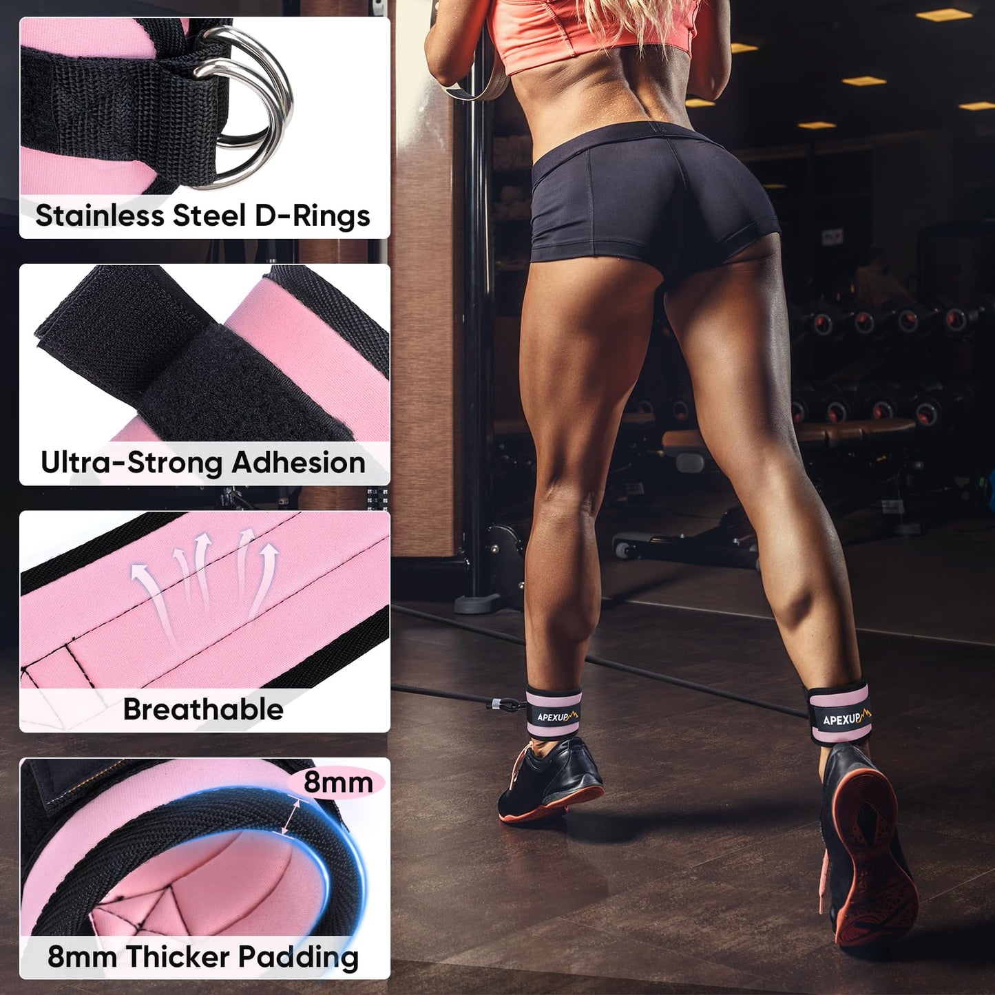 APEXUP Ankle Strap for Cable Machine, Ankle Resistance Bands, Cable Kick Back Straps for Gym, Glute Workouts, Leg Extensions, Adjustable Straps with Neoprene Padding (Pair, Pastel Pink)