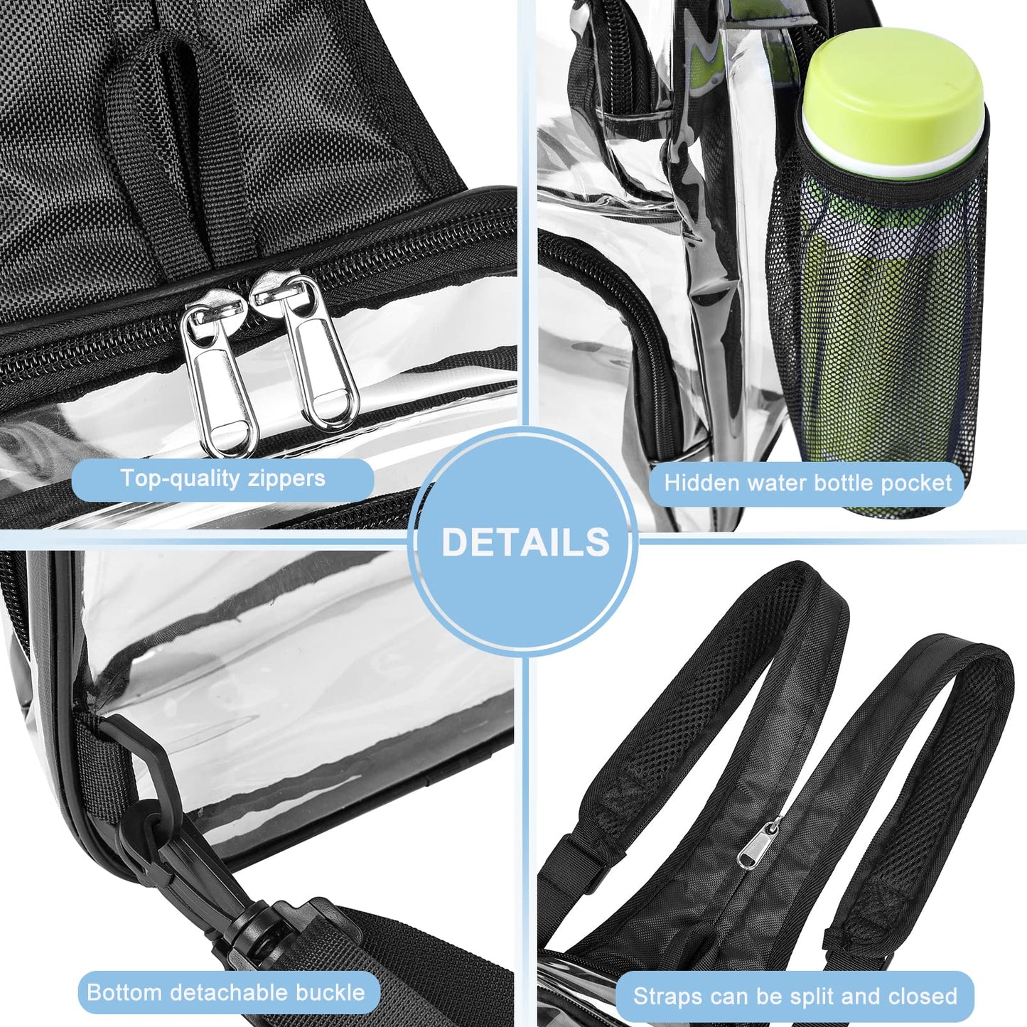 Busiuw Clear Backpack Stadium Approved with Adjustable Reinforced Straps, 3 in 1 Clear Crossbody Bag for Festivals and Games (Plus size)-Black