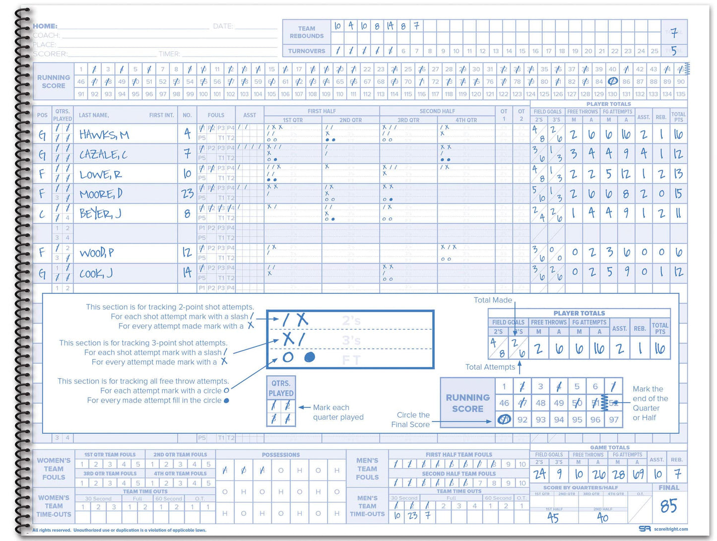Score It Right Basketball Scorebook – 16-Player Men’s and Women’s Basketball Score Keeping Book – Basketball Game Score Book for Individual and Team Stats – 9.25 x 12-inch Hardcover Book