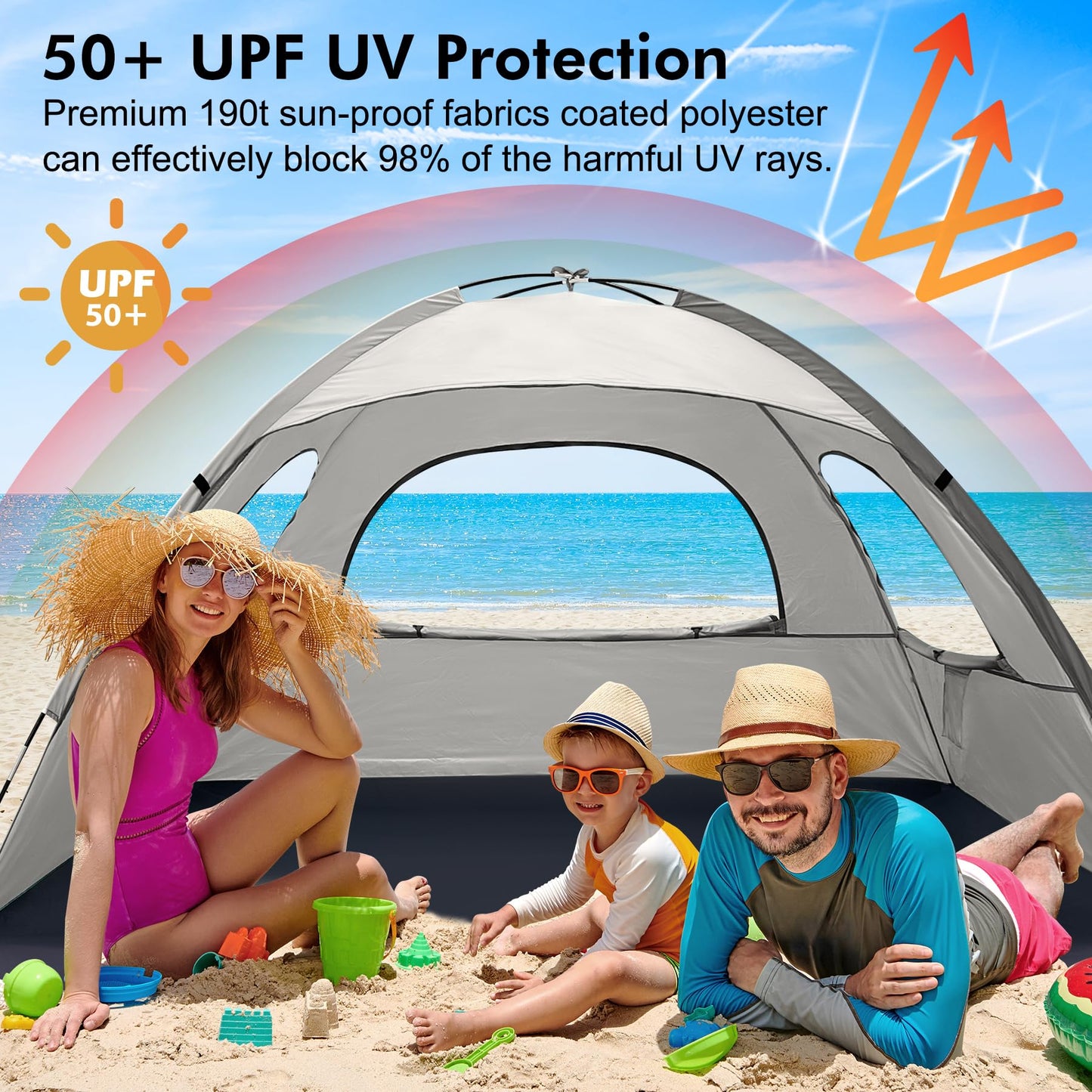 WhiteFang Beach Tent Anti-UV Portable Sun Shade Shelter for 6 Person, Extendable Floor with 3 Ventilating Mesh Windows Plus Carrying Bag, Stakes and Guy Lines (Baby's Breath)