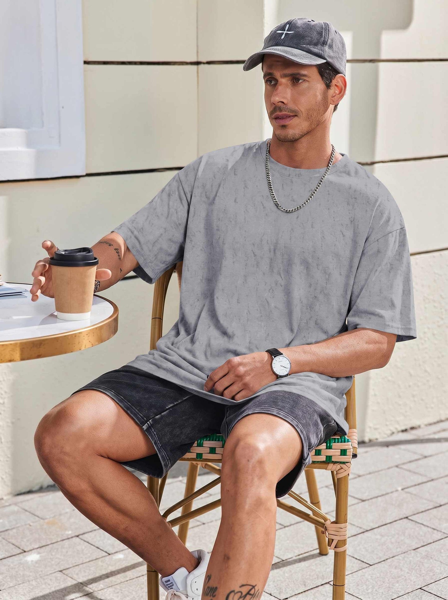 COOFANDY Mens T-Shirts Oversized Unisex Short Sleeves Cotton Tshirts Fashion Casual Loose Wash Solid Basic Tee Tops Light Grey