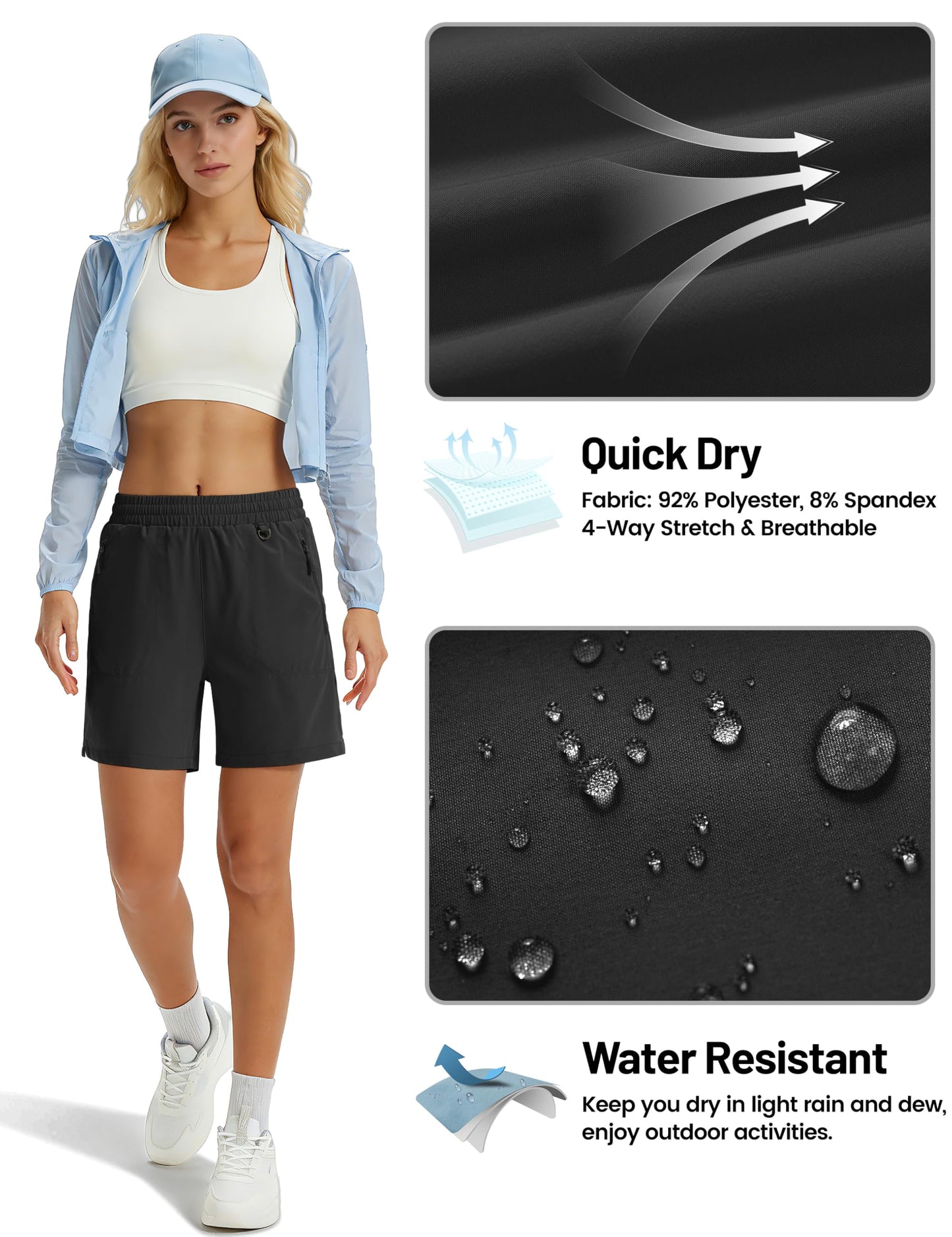 TACVASEN Athletic Shorts for Women Quick Dry Lightweight 5" Hiking Shorts with Pockets Golf Casual Workout UPF 50+ Water Resistant Summer Black L