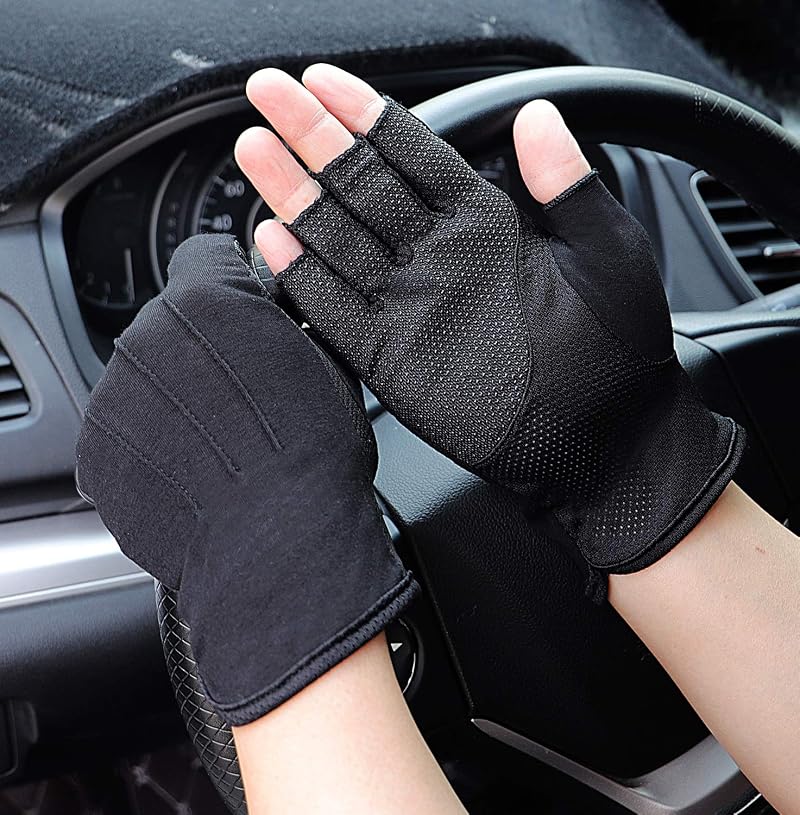 Bienvenu Men's Summer Sunblock Half-Finger Gloves - Black, Breathable Cotton-Poly