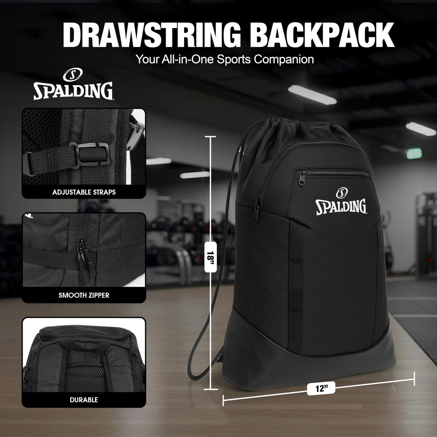Spalding Drawstring Backpack Sports Bag, Black Waterproof Gym Bag Cinch Sack with Separate Shoe and Ball Holder, for Travel, Basketball, Sports, 4 Pack