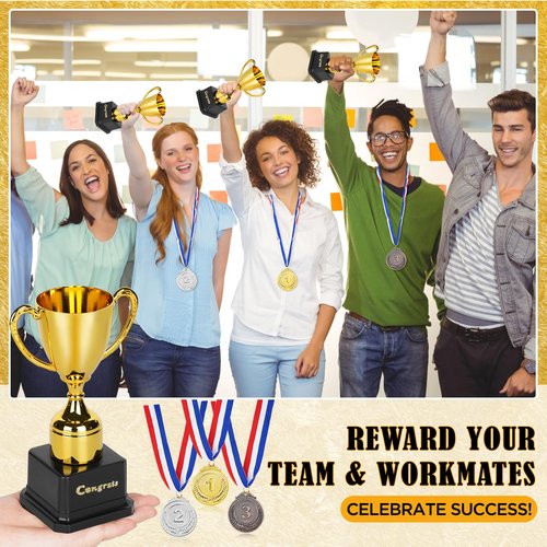 FACULX 6 pcs Trophy and Medal Set,1st 2nd 3rd Zinc Alloy Wheat Ear Medals with Red White Blue Neck Ribbon,7 Inch Gold Plastic Trophies with DIY Alphabet Stickers,for Sports Tournaments,Competitions