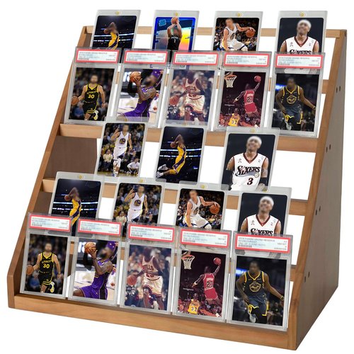 5-Tier Trading Card Display Stand – Wooden Baseball Sports Graded Card Display Stand, Tabletop Display Holder for 25 Trading Cards, Card Stand for Sports Cards, Graded Cards, Trading Cards(Brown)