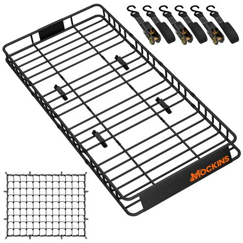 Mockins 84"x39"x6" XL Extendable Roof Rack Cargo Carrier for Top of Vehicle Storage | 250 Lbs. Capacity Weatherproof Steel Heavy Duty Roof Rack Basket | Rooftop Cargo Carrier Basket w/Straps & Net