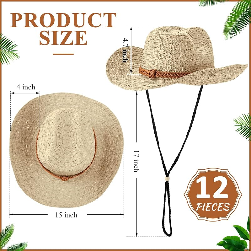 12 Pcs Beige Straw Cowboy Hats for Men & Women - Wide Brim Western Sun Hats (Variation: Beige)