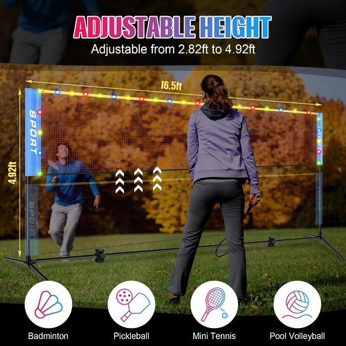 Zhehao 16.5 ft LED Badminton Net Volleyball Net with LED Light Foldable Nylon Net with Adjustable Height Poles for Tennis Indoor Outdoor Backyard
