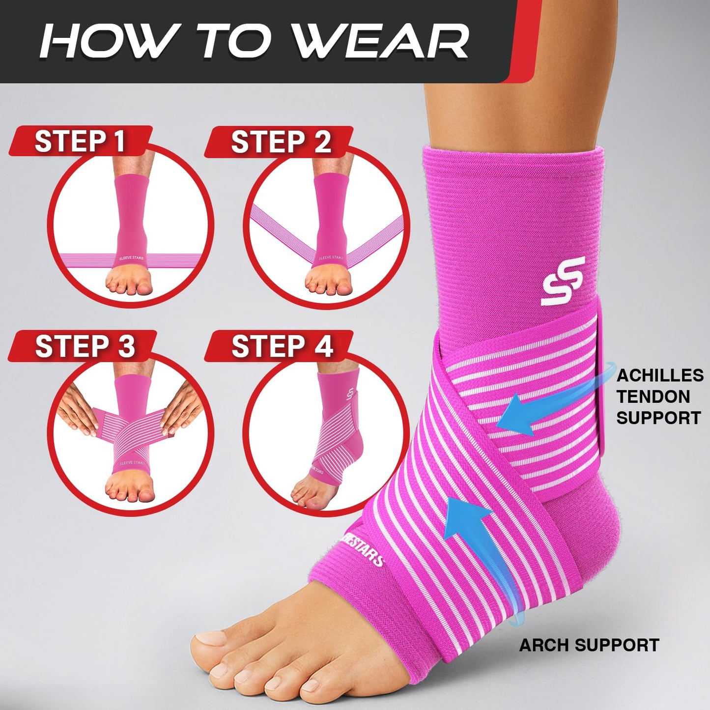 Sleeve Stars Ankle Brace for Women & Men, Ankle Wrap for Sprained Ankle, Compression Sleeve for Plantar Fasciitis Relief, Easy Customizable Support: w/Removable Strap (Single/S:9"-10"/Hot Pink)