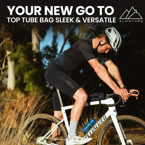 ALMSTHRE Top Tube Bag 8'' x 2'' x 3'' - Midnight Black | Waterproof, Secure & Stable ??Universal Bike Storage with Versatile Mounting ??Fits Essentials | Adventure-Ready Cycling Gear